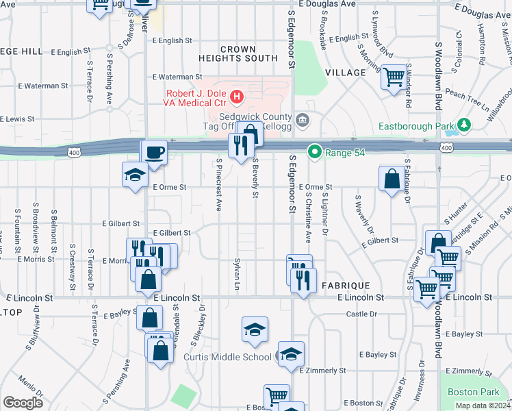 map of restaurants, bars, coffee shops, grocery stores, and more near 610 South Beverly Street in Wichita