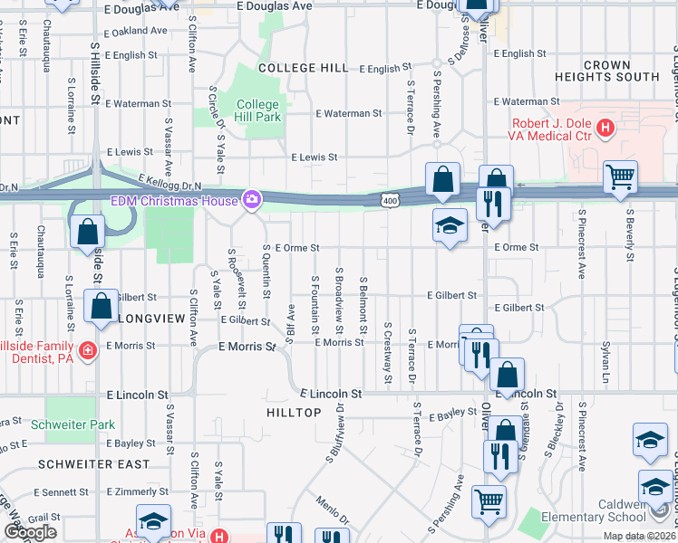 map of restaurants, bars, coffee shops, grocery stores, and more near 612 South Broadview Street in Wichita
