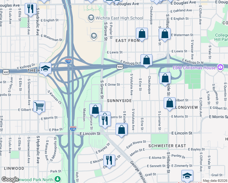 map of restaurants, bars, coffee shops, grocery stores, and more near 603 South Green Street in Wichita