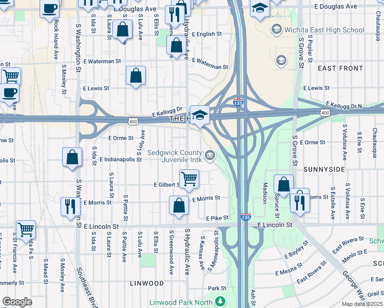 map of restaurants, bars, coffee shops, grocery stores, and more near 610 South Hydraulic Avenue in Wichita