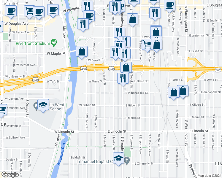 map of restaurants, bars, coffee shops, grocery stores, and more near 808 South Market Street in Wichita