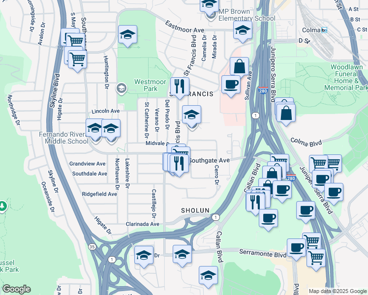 map of restaurants, bars, coffee shops, grocery stores, and more near 476 El Dorado Drive in Daly City