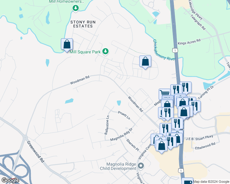map of restaurants, bars, coffee shops, grocery stores, and more near 2058 Pruett Court in Glen Allen