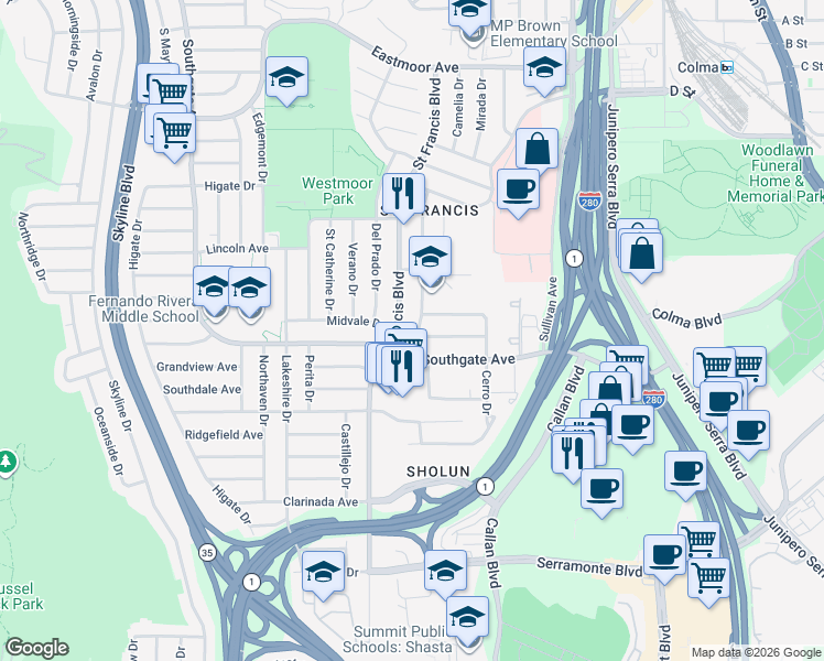 map of restaurants, bars, coffee shops, grocery stores, and more near 476 El Dorado Drive in Daly City