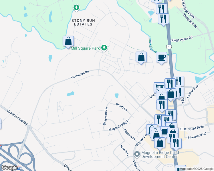 map of restaurants, bars, coffee shops, grocery stores, and more near 2045 Pruett Court in Glen Allen