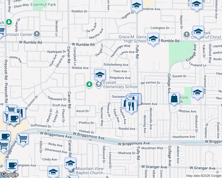 map of restaurants, bars, coffee shops, grocery stores, and more near 1410 Mount Vernon Drive in Modesto