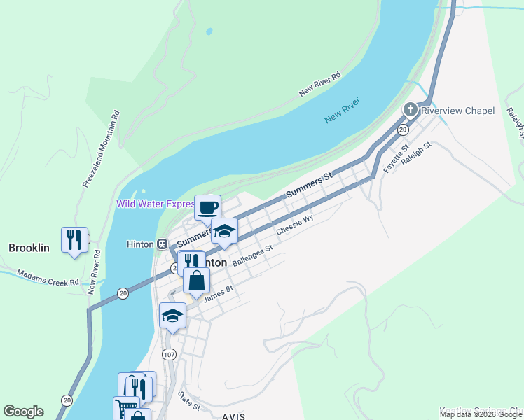 map of restaurants, bars, coffee shops, grocery stores, and more near 907 Summers Street in Hinton
