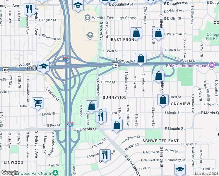 map of restaurants, bars, coffee shops, grocery stores, and more near 603 South Green Street in Wichita