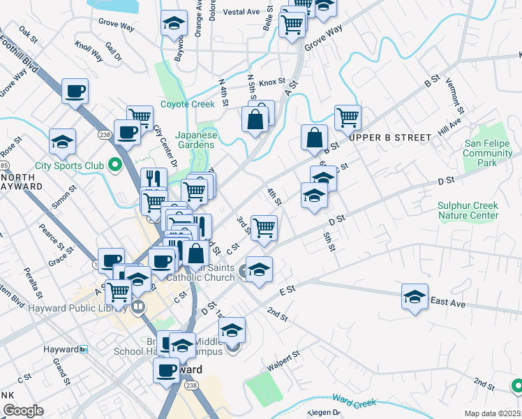 map of restaurants, bars, coffee shops, grocery stores, and more near 1360 C Street in Hayward