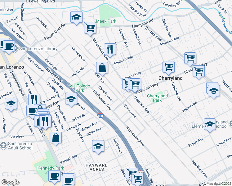 map of restaurants, bars, coffee shops, grocery stores, and more near 19736 Times Avenue in Hayward
