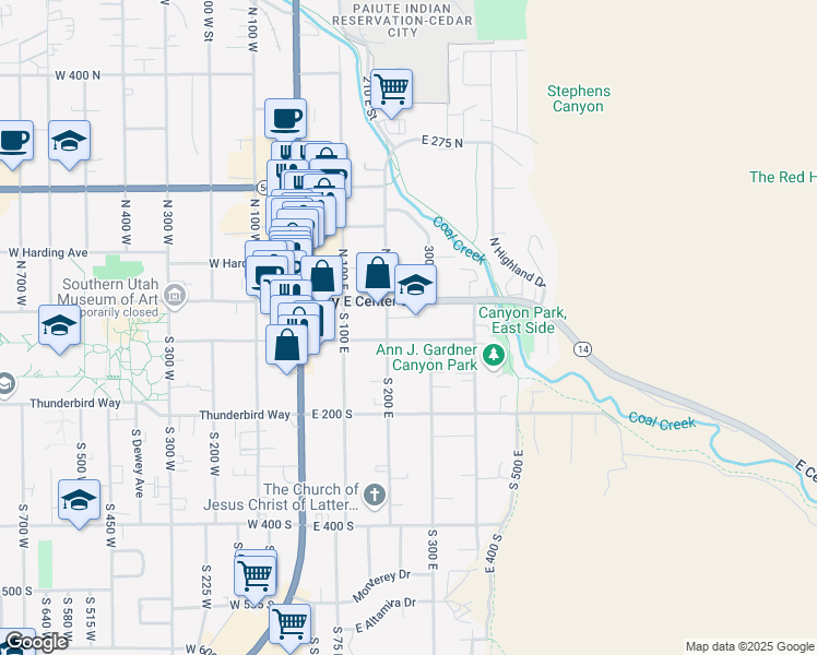 map of restaurants, bars, coffee shops, grocery stores, and more near 255 East 70 South in Cedar City
