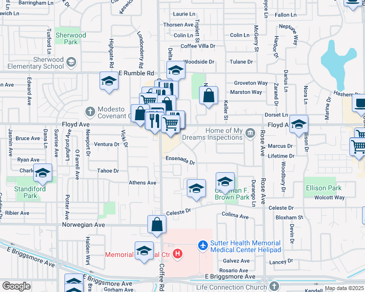 map of restaurants, bars, coffee shops, grocery stores, and more near 2408 Vera Cruz Drive in Modesto