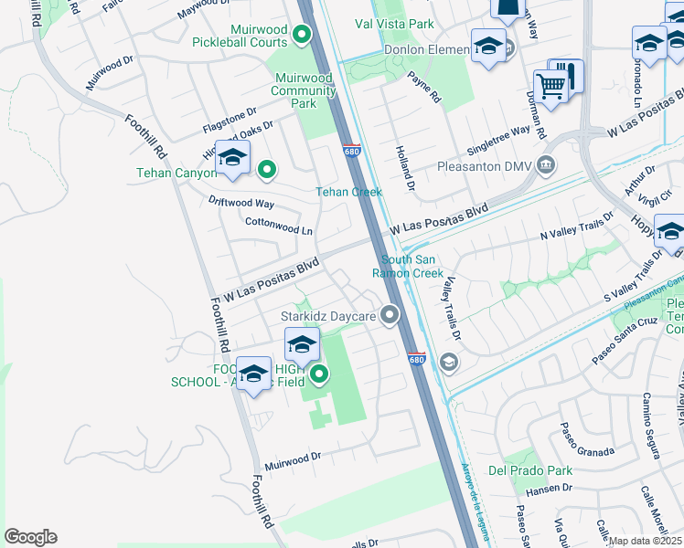 map of restaurants, bars, coffee shops, grocery stores, and more near 4235 Sheldon Circle in Pleasanton