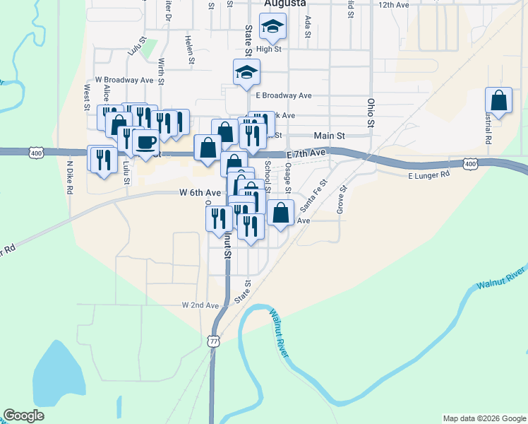 map of restaurants, bars, coffee shops, grocery stores, and more near 509 School Street in Augusta