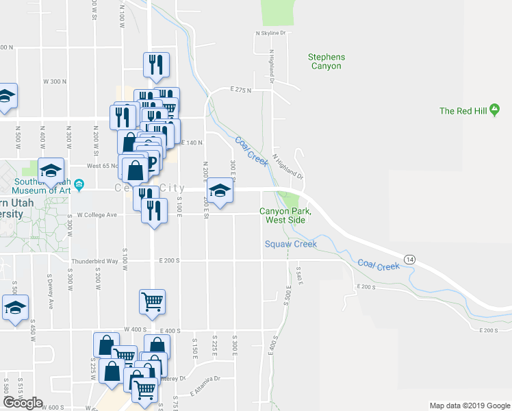 map of restaurants, bars, coffee shops, grocery stores, and more near 26 South 400 East in Cedar City