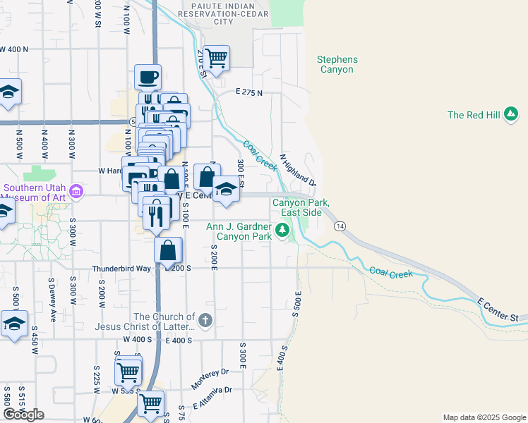 map of restaurants, bars, coffee shops, grocery stores, and more near 26 South 400 East in Cedar City