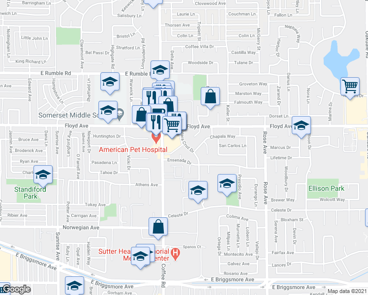 map of restaurants, bars, coffee shops, grocery stores, and more near 2408 Vera Cruz Drive in Modesto