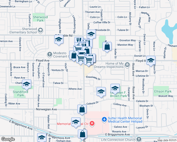 map of restaurants, bars, coffee shops, grocery stores, and more near 2400 Coffee Road in Modesto