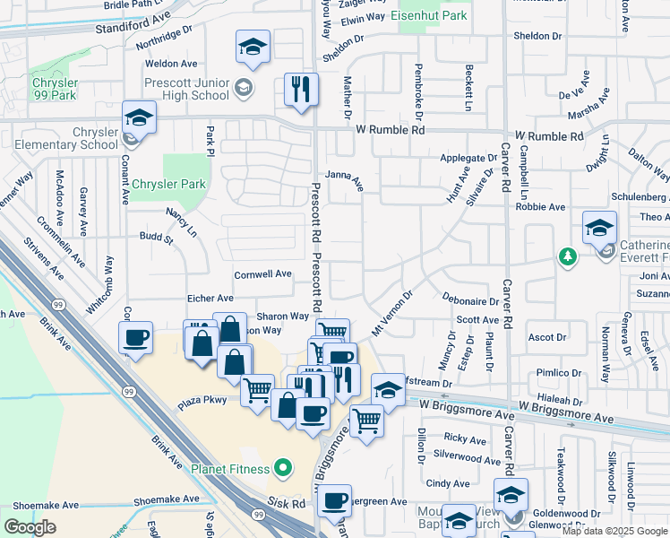 map of restaurants, bars, coffee shops, grocery stores, and more near 2053 Peach Drive in Modesto