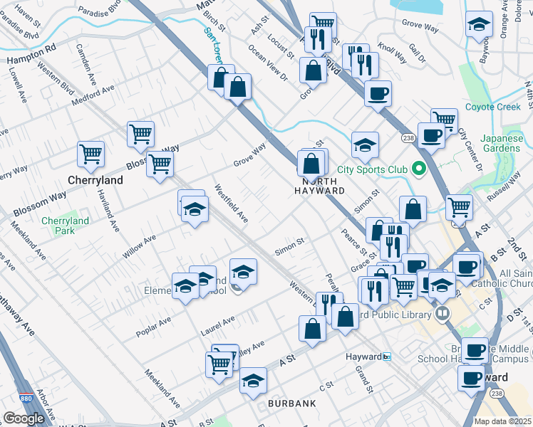 map of restaurants, bars, coffee shops, grocery stores, and more near 21848 Vallejo Street in Hayward