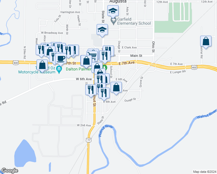 map of restaurants, bars, coffee shops, grocery stores, and more near 519 School Street in Augusta