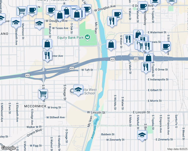 map of restaurants, bars, coffee shops, grocery stores, and more near 801 S McLean Blvd in Wichita