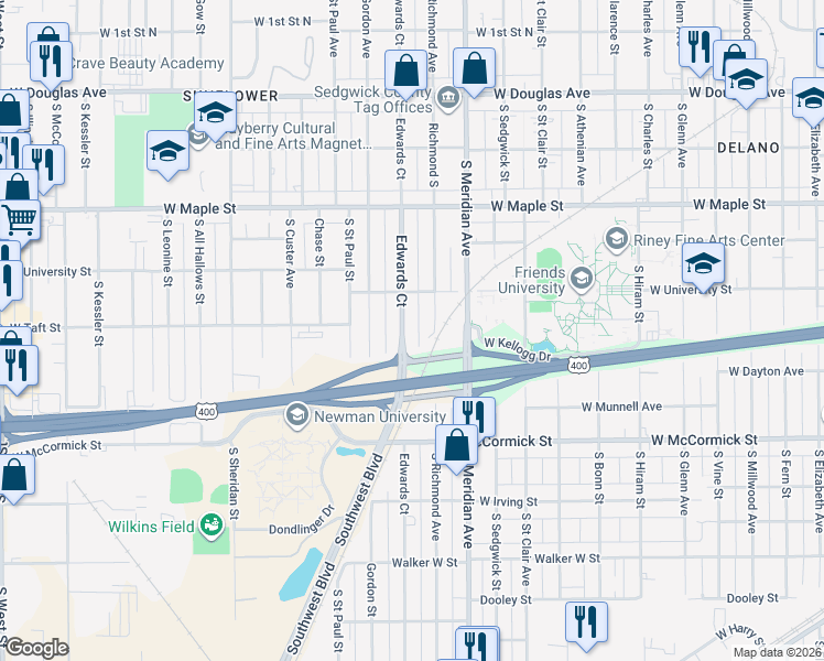 map of restaurants, bars, coffee shops, grocery stores, and more near 623 South Edwards Street in Wichita