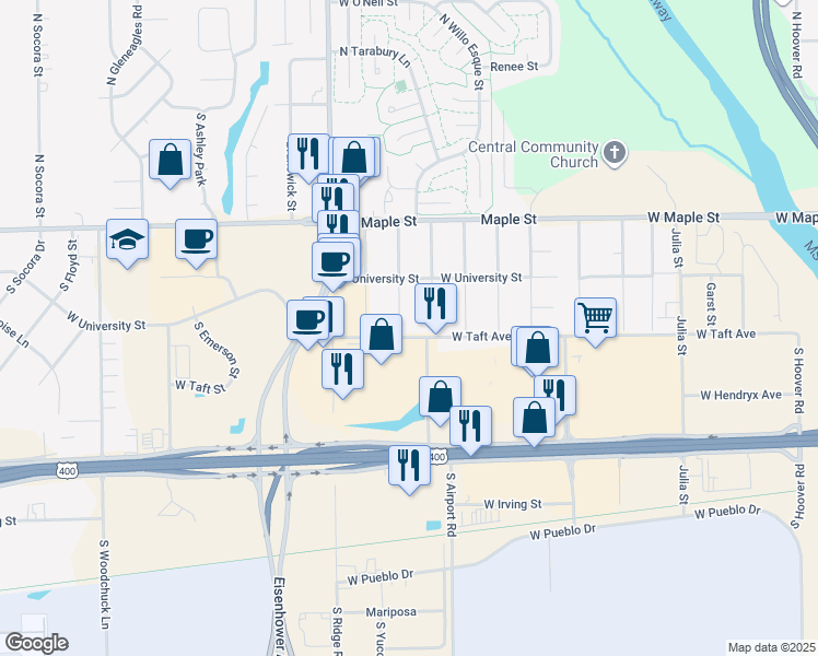 map of restaurants, bars, coffee shops, grocery stores, and more near 437 South Scouller Street in Wichita