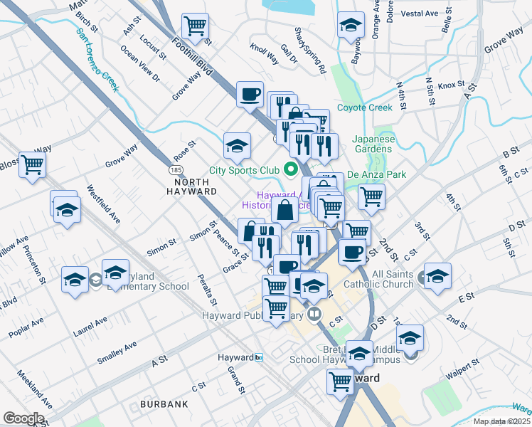 map of restaurants, bars, coffee shops, grocery stores, and more near 22237 Main Street in Hayward