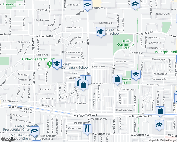 map of restaurants, bars, coffee shops, grocery stores, and more near 2316 Tully Road in Modesto