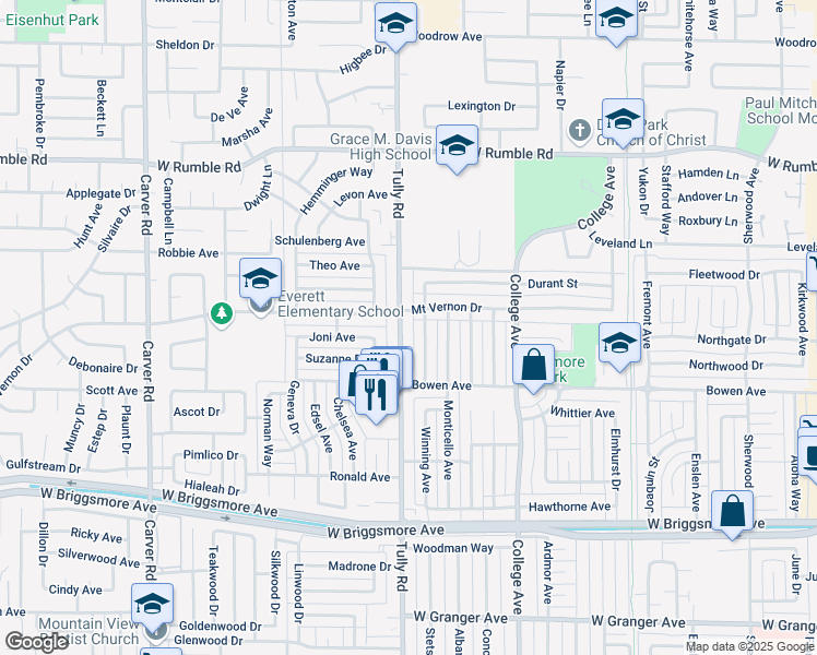 map of restaurants, bars, coffee shops, grocery stores, and more near 2314 Tully Road in Modesto