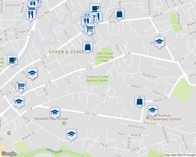 map of restaurants, bars, coffee shops, grocery stores, and more near 1801 D Street in Hayward