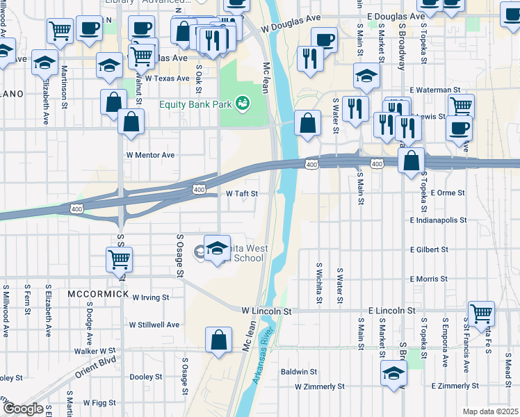 map of restaurants, bars, coffee shops, grocery stores, and more near 801 S McLean Blvd in Wichita