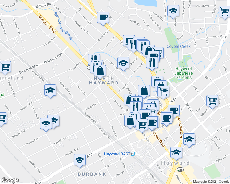 map of restaurants, bars, coffee shops, grocery stores, and more near 22185 Mission Boulevard in Hayward