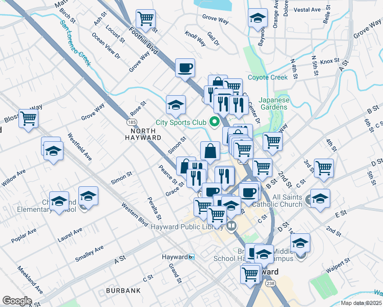map of restaurants, bars, coffee shops, grocery stores, and more near 22234 Prospect Street in Hayward