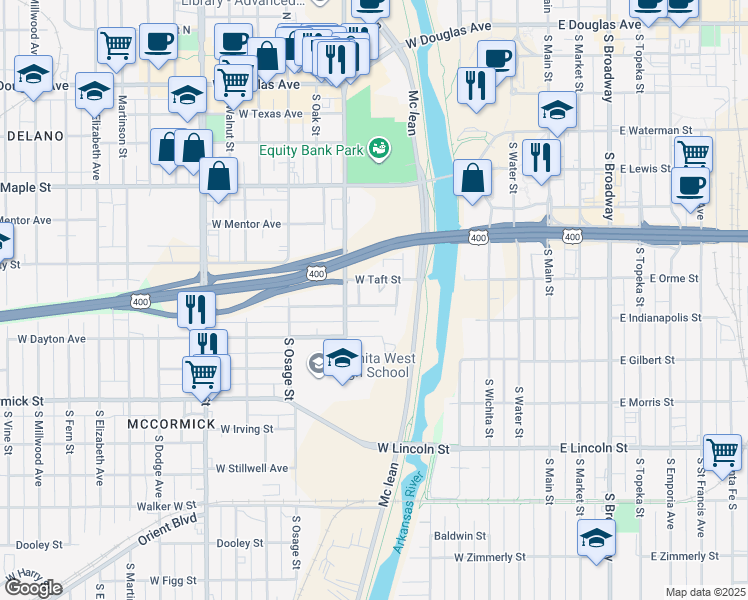map of restaurants, bars, coffee shops, grocery stores, and more near 725 Taft in Wichita