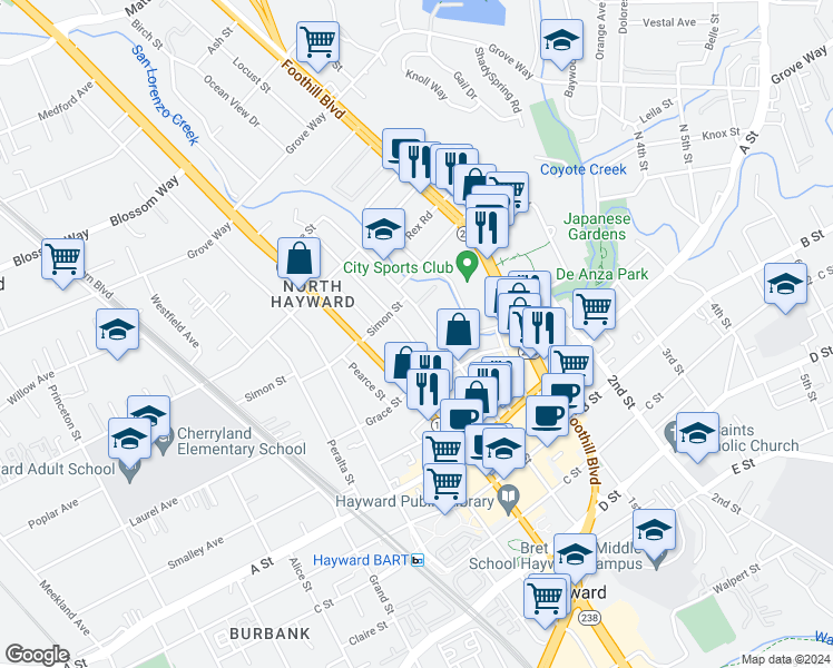 map of restaurants, bars, coffee shops, grocery stores, and more near 22234 Prospect Street in Hayward
