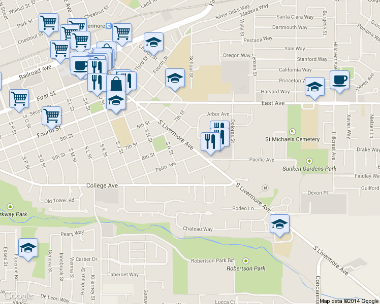 map of restaurants, bars, coffee shops, grocery stores, and more near 847 South Livermore Avenue in Livermore