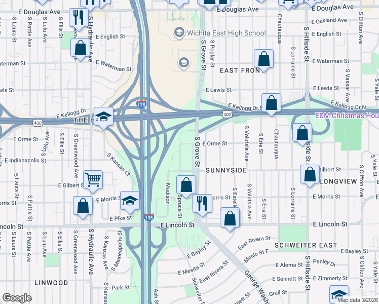 map of restaurants, bars, coffee shops, grocery stores, and more near 606 Spruce Street in Wichita
