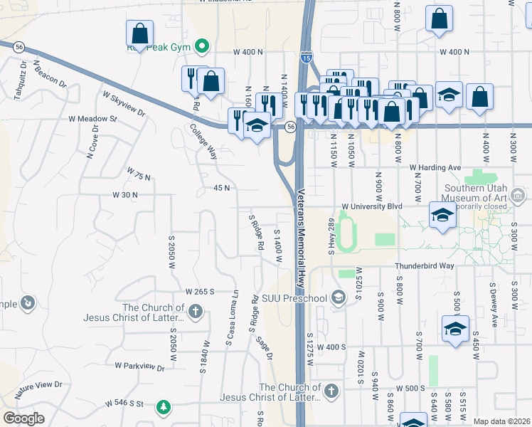 map of restaurants, bars, coffee shops, grocery stores, and more near 1491 West Center Street in Cedar City