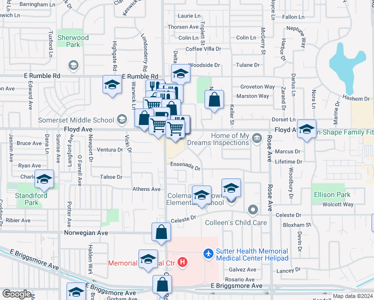 map of restaurants, bars, coffee shops, grocery stores, and more near 2405 Vera Cruz Drive in Modesto