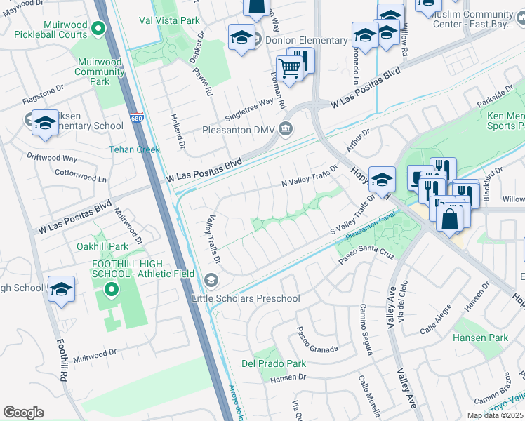 map of restaurants, bars, coffee shops, grocery stores, and more near 3635 Platt Court South in Pleasanton
