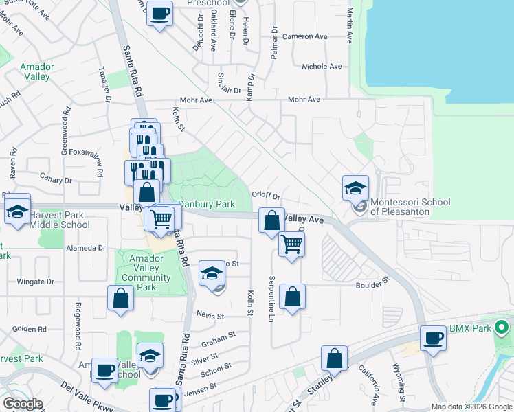 map of restaurants, bars, coffee shops, grocery stores, and more near 1541 Trimingham Drive in Pleasanton
