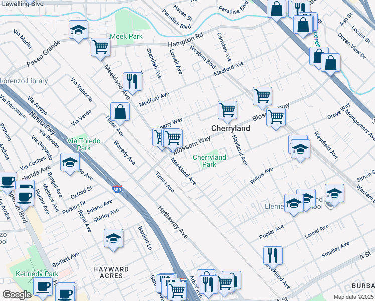 map of restaurants, bars, coffee shops, grocery stores, and more near 247 Blossom Way in Hayward
