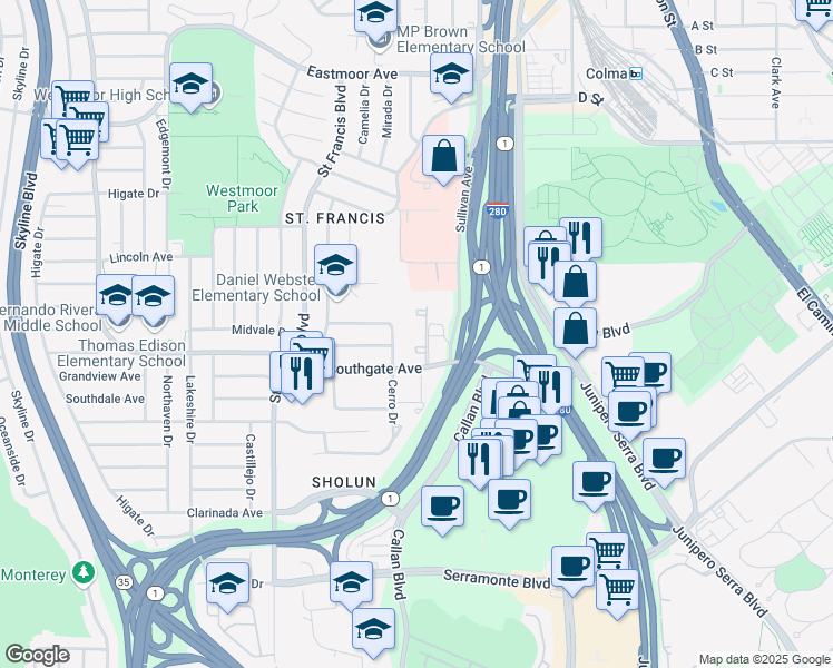 map of restaurants, bars, coffee shops, grocery stores, and more near 107 Cerro Drive in Daly City