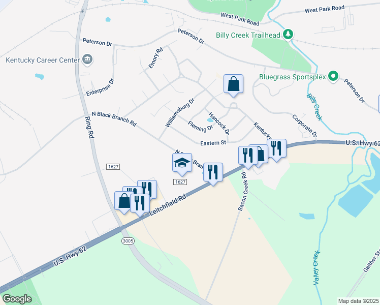 map of restaurants, bars, coffee shops, grocery stores, and more near 1-181 North Black Branch Road in Hardin
