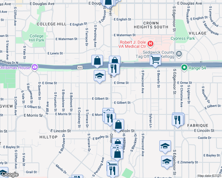 map of restaurants, bars, coffee shops, grocery stores, and more near 4701-4761 East Orme Street in Wichita