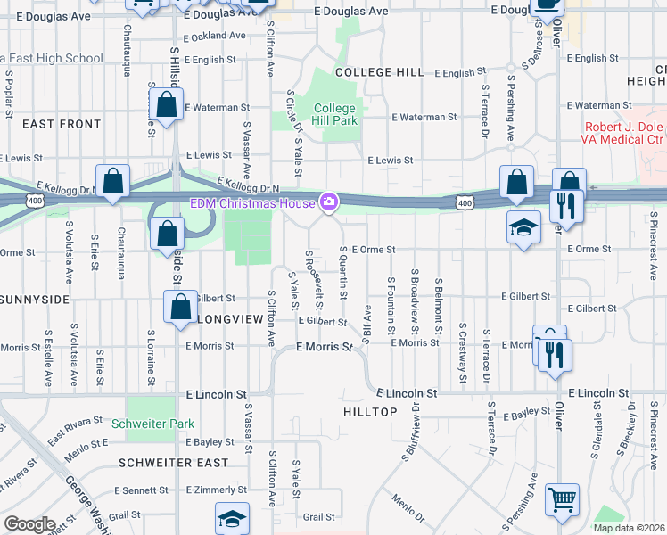 map of restaurants, bars, coffee shops, grocery stores, and more near 575 South Quentin Street in Wichita
