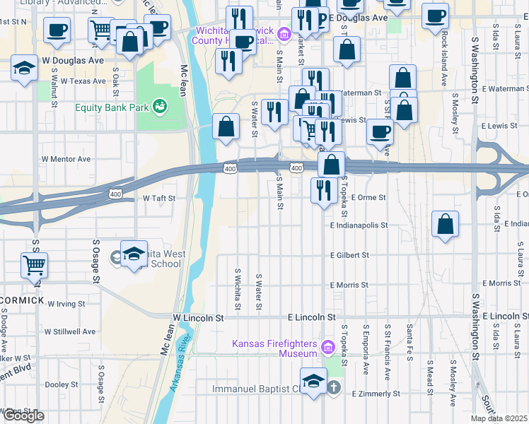 map of restaurants, bars, coffee shops, grocery stores, and more near 813 South Water Street in Wichita