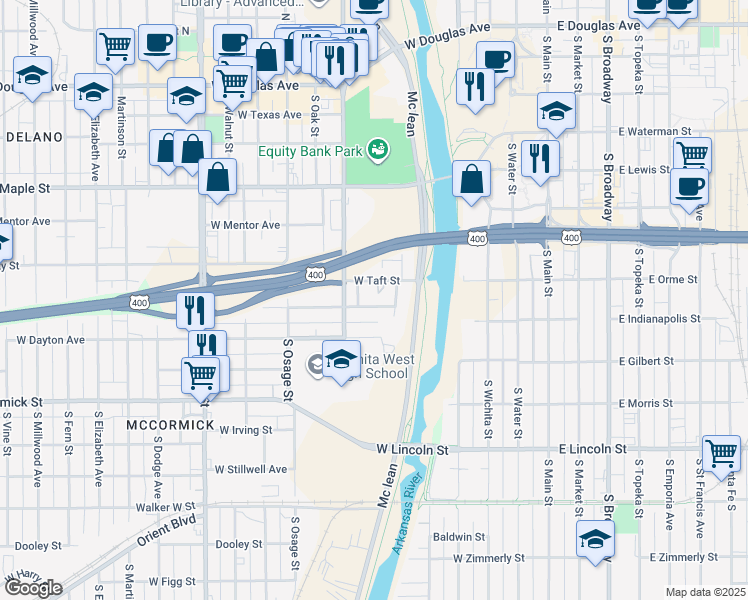 map of restaurants, bars, coffee shops, grocery stores, and more near 725 Taft in Wichita